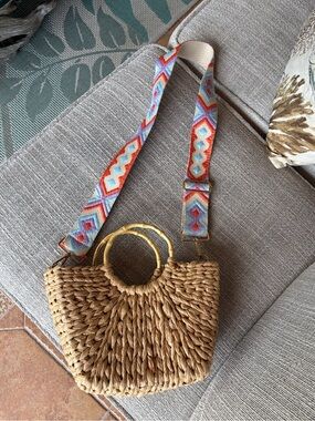 Woven Tan Straw Crossbody Bag with Colorful Embroidered Strap